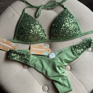 Calzedonia green sequin sparkling ✨ sexy bikini NWT small